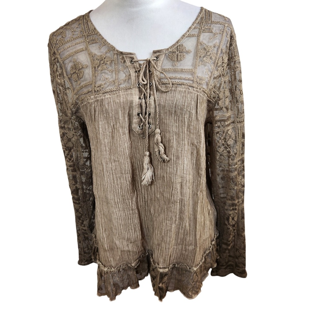 Monoreno Boho Lace Trim Gauze Blouse Tassel Tie Fairy Y2K Sheer Womens Medium